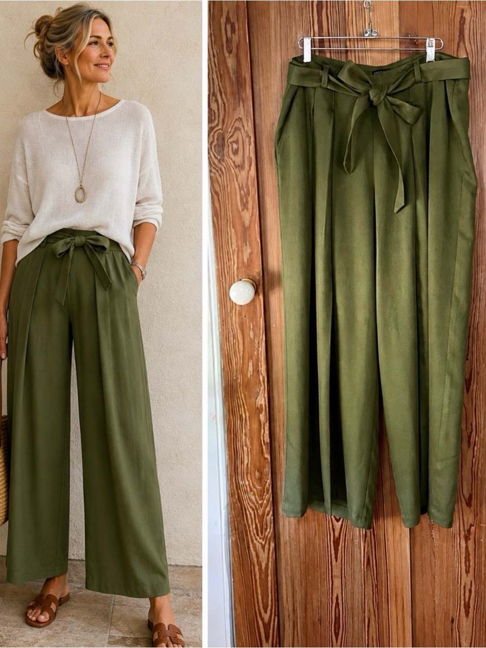 Eileen Fisher Heavy Tencel Twill Tie Waist Wide Leg Olive Pants - Sz 12💛🎀